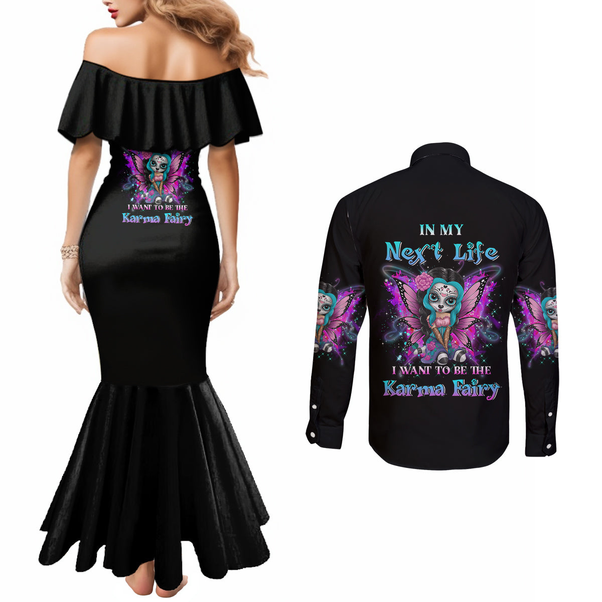 karma-fairy-sugar-skull-couples-matching-mermaid-dress-and-long-sleeve-button-shirt