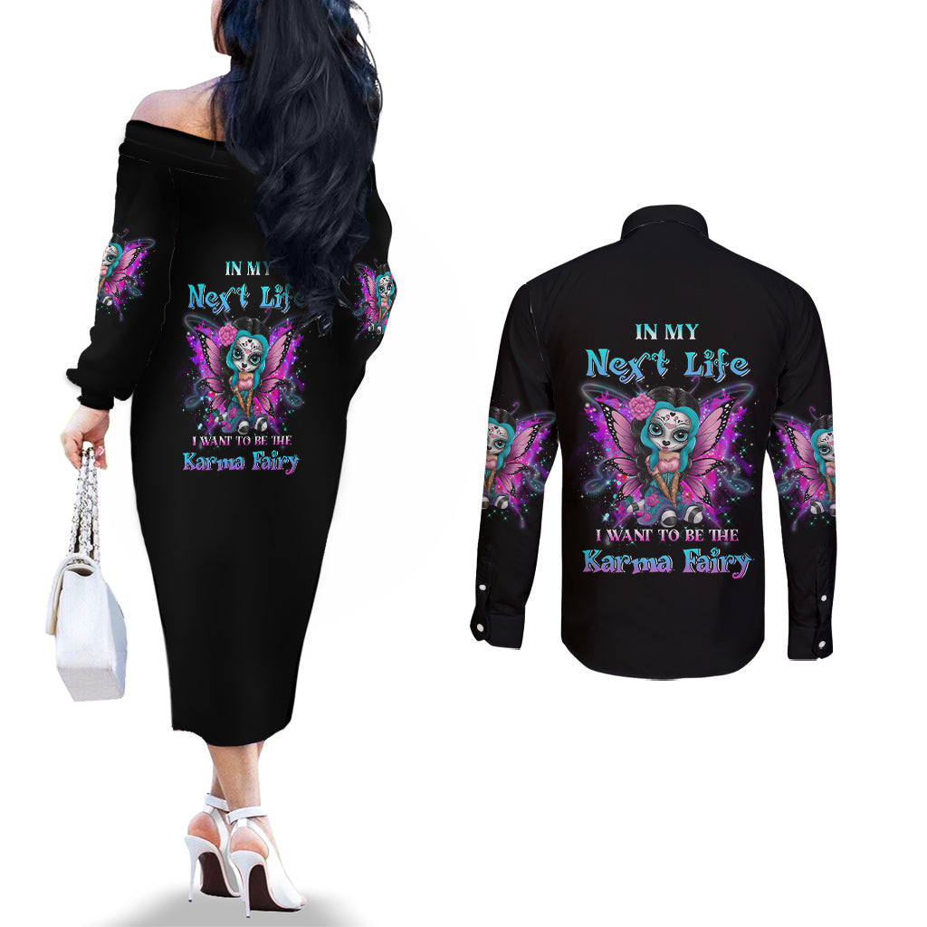 karma-fairy-sugar-skull-couples-matching-off-the-shoulder-long-sleeve-dress-and-long-sleeve-button-shirt