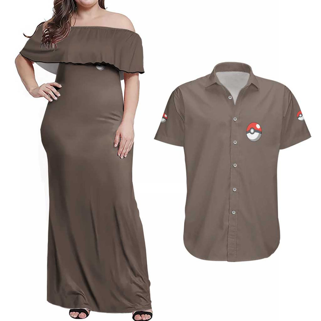 Ground Type Poke Couples Matching Off Shoulder Maxi Dress and Hawaiian Shirt Japan Anime Style