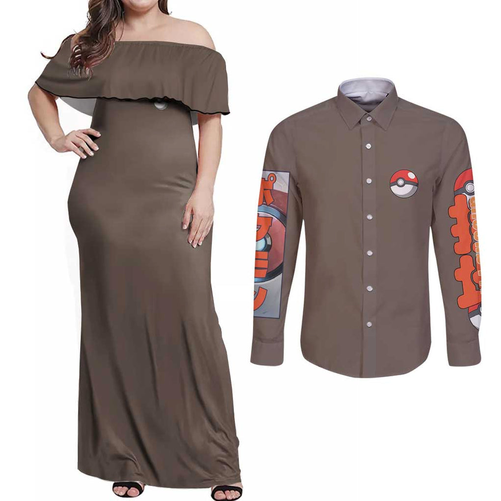 Ground Type Poke Couples Matching Off Shoulder Maxi Dress and Long Sleeve Button Shirt Japan Anime Style