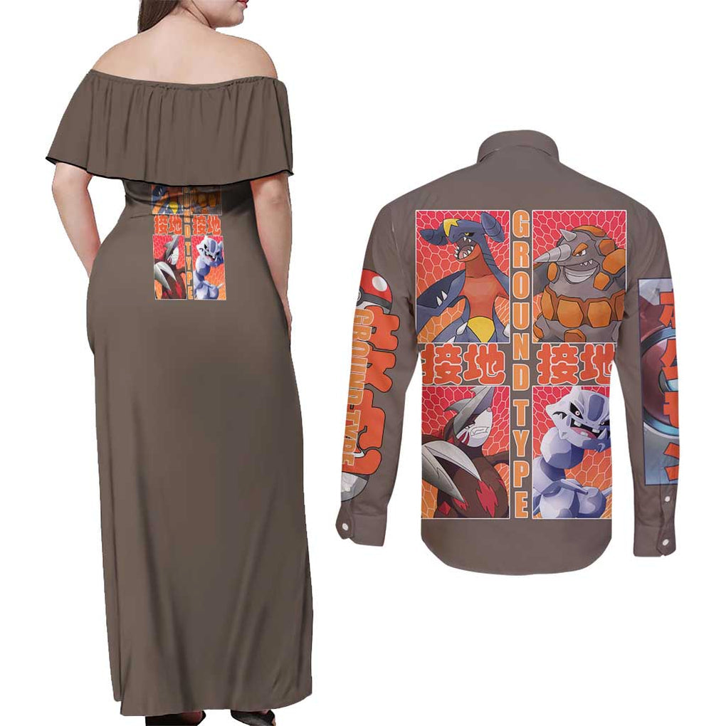 Ground Type Poke Couples Matching Off Shoulder Maxi Dress and Long Sleeve Button Shirt Japan Anime Style