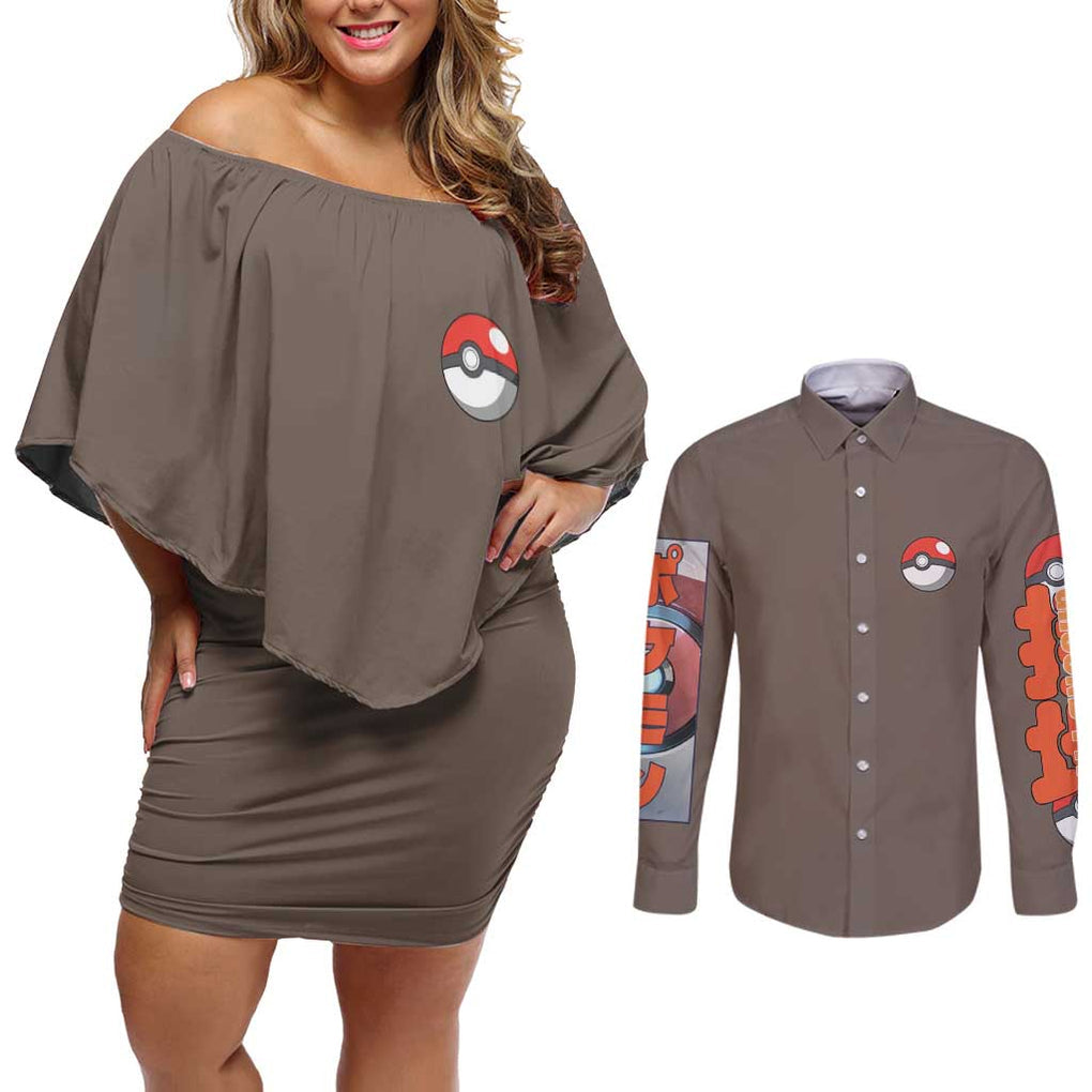 Ground Type Poke Couples Matching Off Shoulder Short Dress and Long Sleeve Button Shirt Japan Anime Style