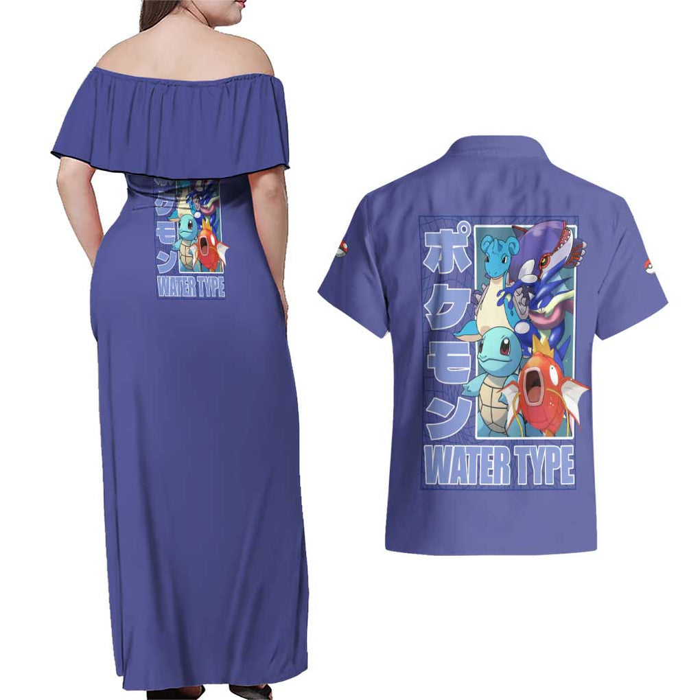 Water Type Poke Couples Matching Off Shoulder Maxi Dress and Hawaiian Shirt Japan Anime Style