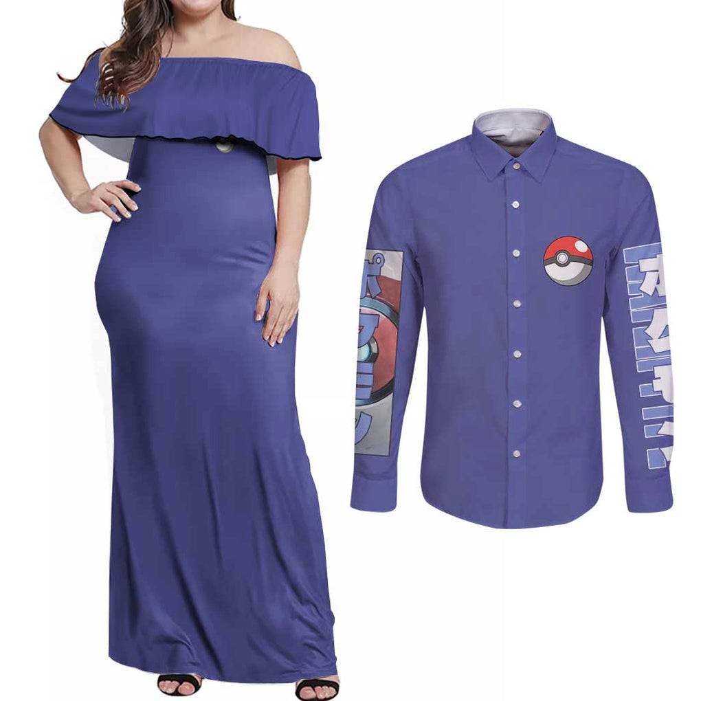 Water Type Poke Couples Matching Off Shoulder Maxi Dress and Long Sleeve Button Shirt Japan Anime Style