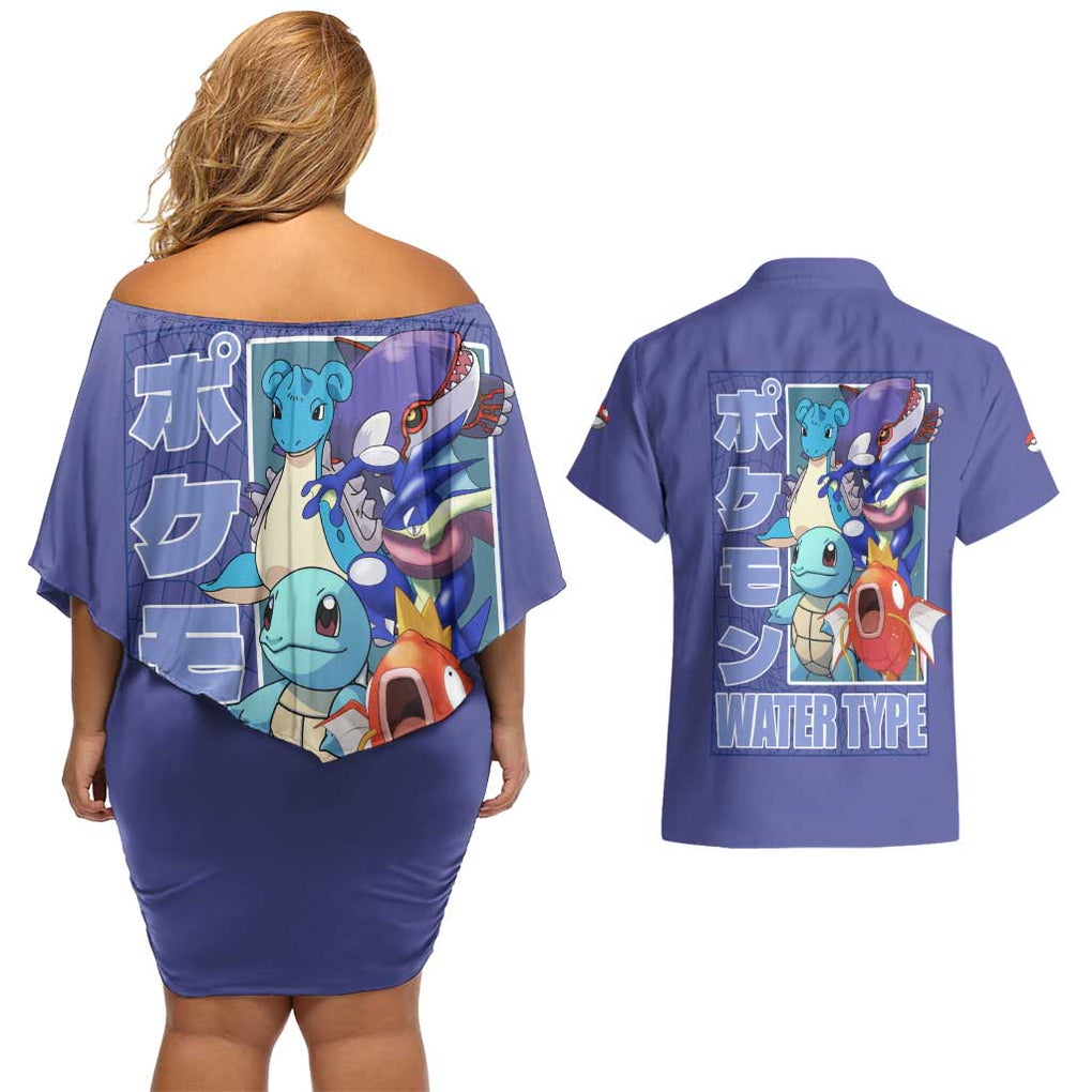 Water Type Poke Couples Matching Off Shoulder Short Dress and Hawaiian Shirt Japan Anime Style