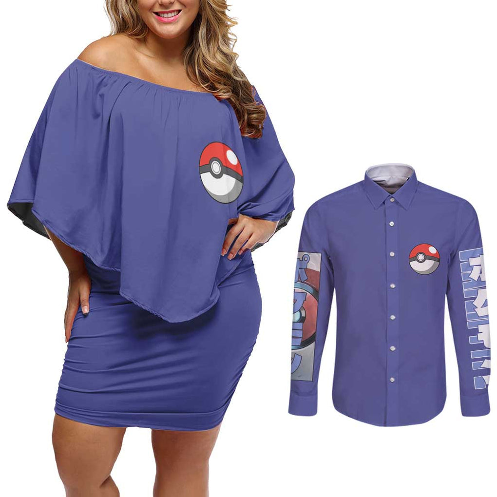 Water Type Poke Couples Matching Off Shoulder Short Dress and Long Sleeve Button Shirt Japan Anime Style