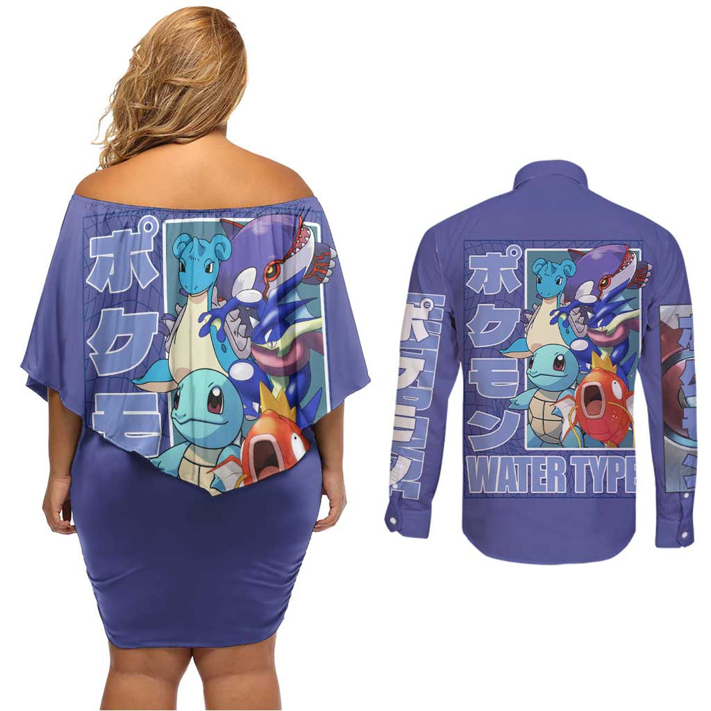 Water Type Poke Couples Matching Off Shoulder Short Dress and Long Sleeve Button Shirt Japan Anime Style
