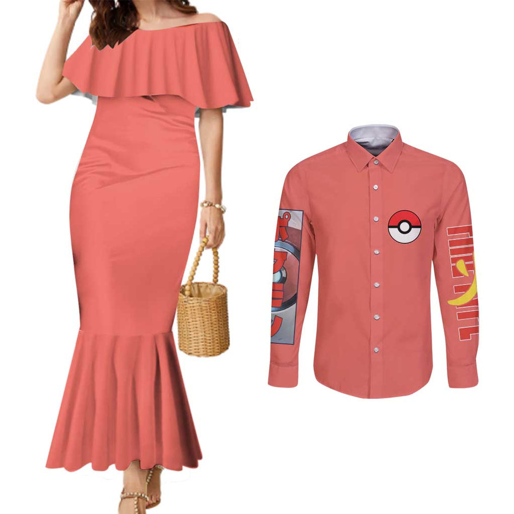 Fire Type Poke Couples Matching Mermaid Dress and Long Sleeve Button Shirt Japan Anime Style