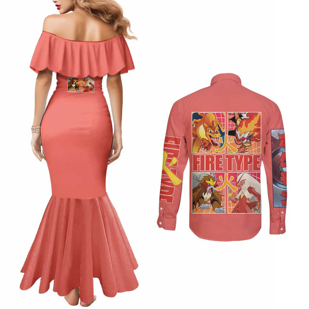Fire Type Poke Couples Matching Mermaid Dress and Long Sleeve Button Shirt Japan Anime Style