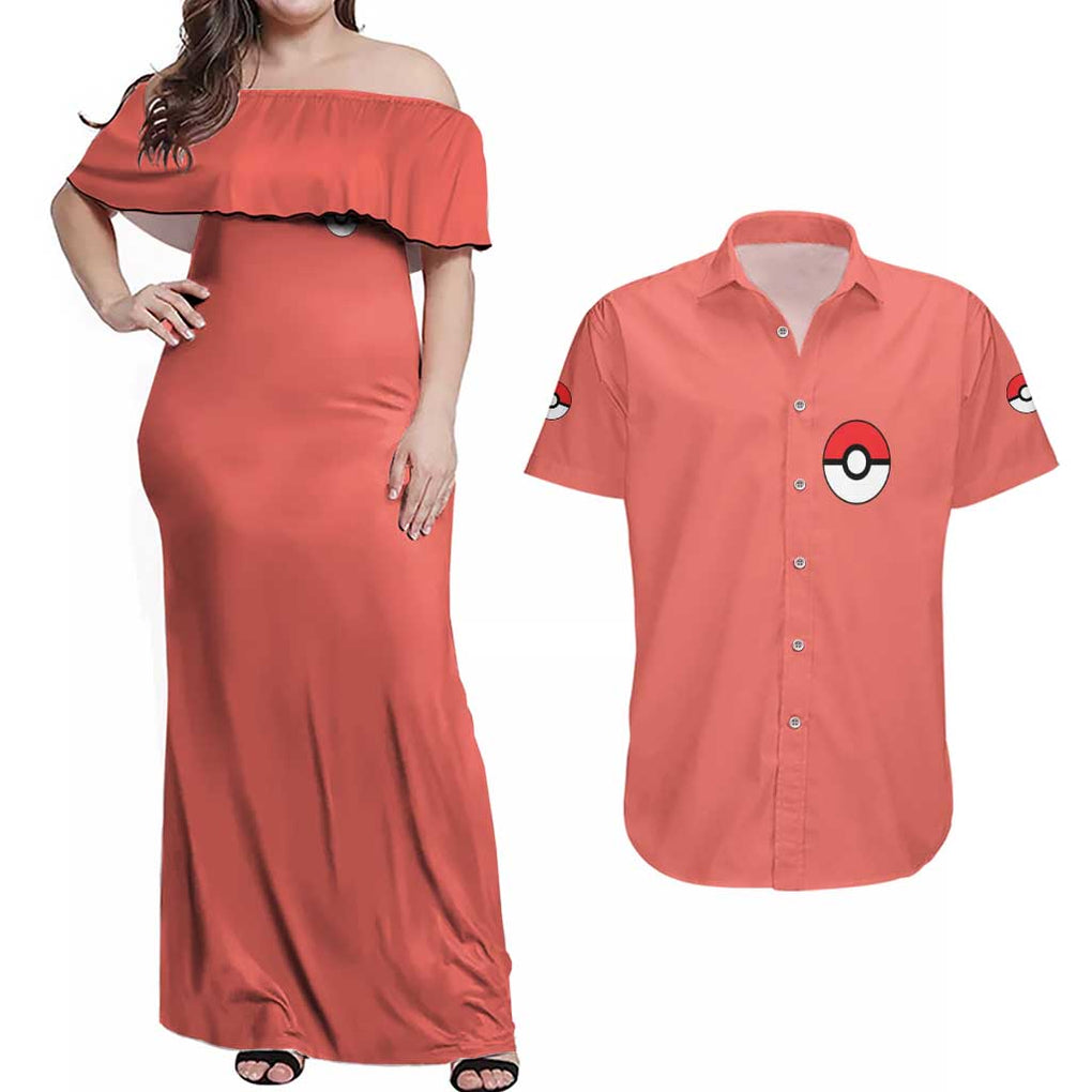 Fire Type Poke Couples Matching Off Shoulder Maxi Dress and Hawaiian Shirt Japan Anime Style