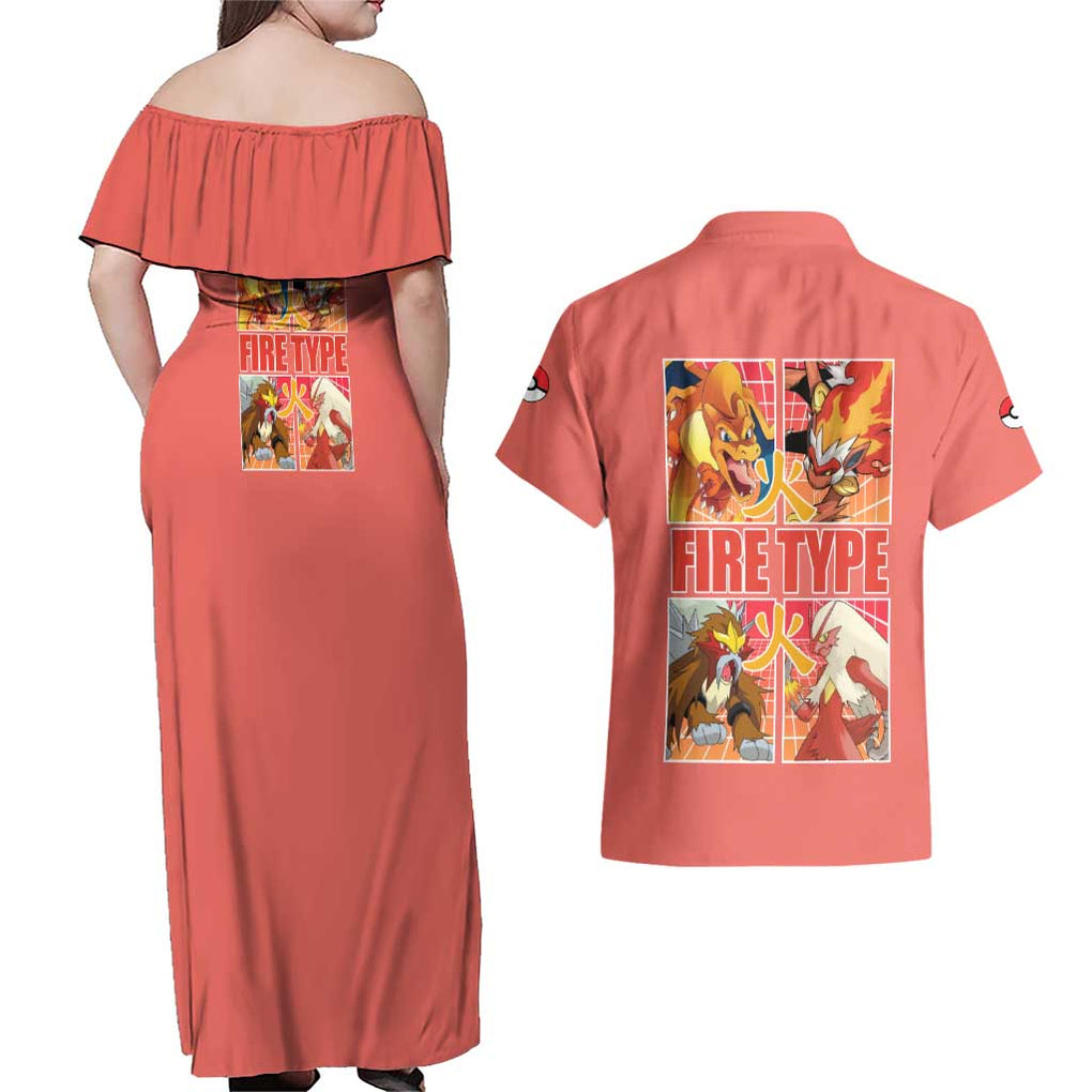 Fire Type Poke Couples Matching Off Shoulder Maxi Dress and Hawaiian Shirt Japan Anime Style