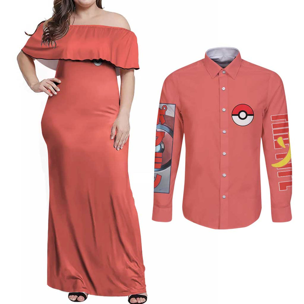 Fire Type Poke Couples Matching Off Shoulder Maxi Dress and Long Sleeve Button Shirt Japan Anime Style