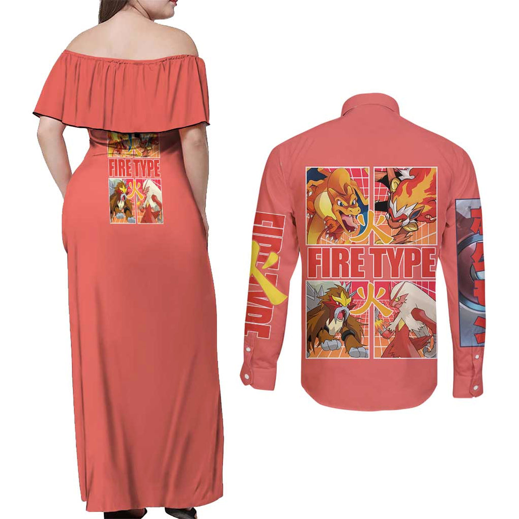 Fire Type Poke Couples Matching Off Shoulder Maxi Dress and Long Sleeve Button Shirt Japan Anime Style