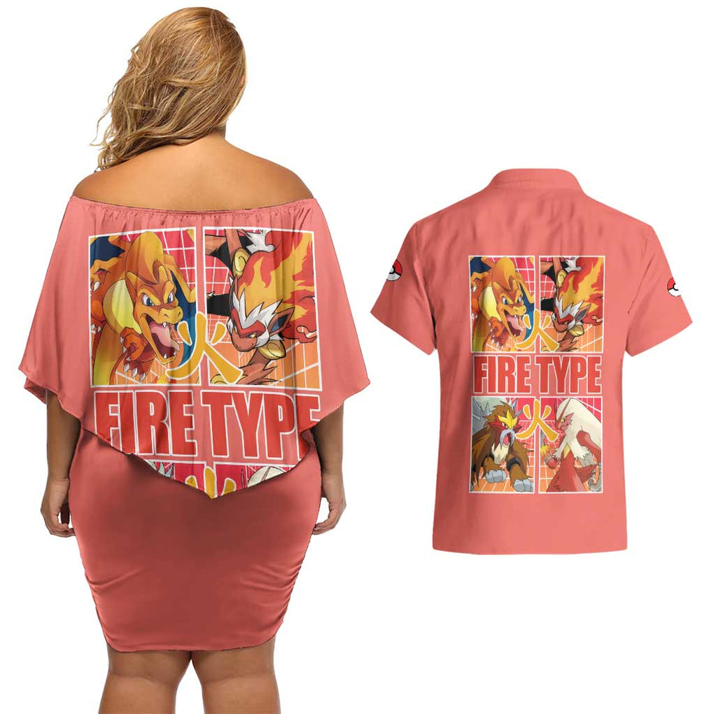 Fire Type Poke Couples Matching Off Shoulder Short Dress and Hawaiian Shirt Japan Anime Style