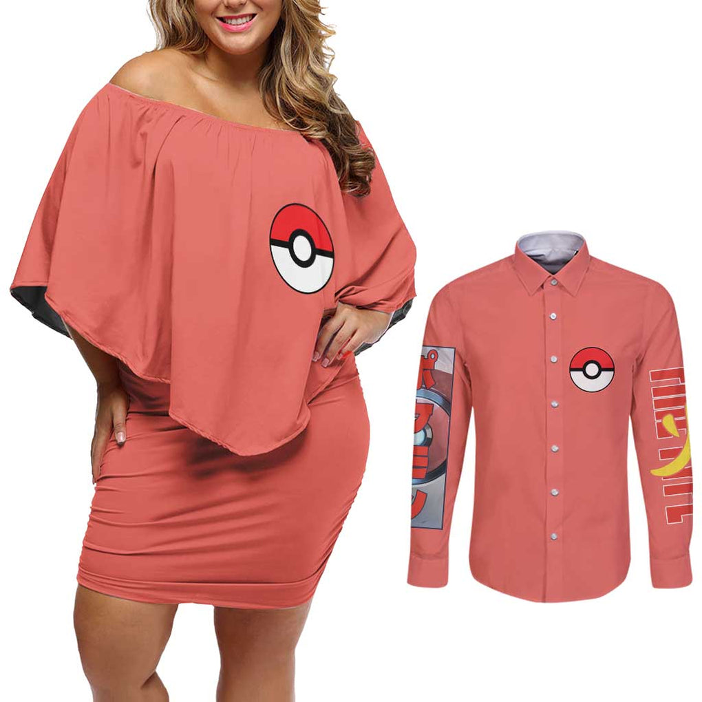 Fire Type Poke Couples Matching Off Shoulder Short Dress and Long Sleeve Button Shirt Japan Anime Style