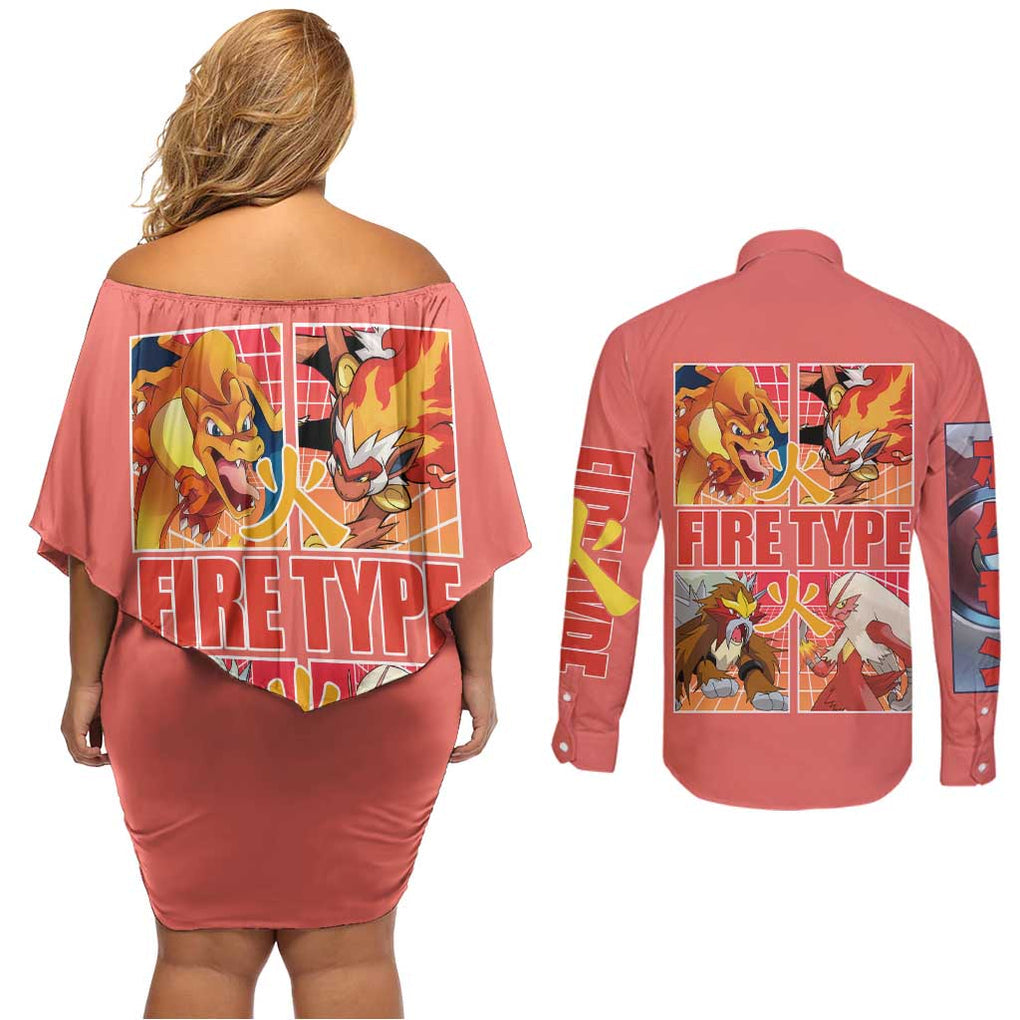 Fire Type Poke Couples Matching Off Shoulder Short Dress and Long Sleeve Button Shirt Japan Anime Style