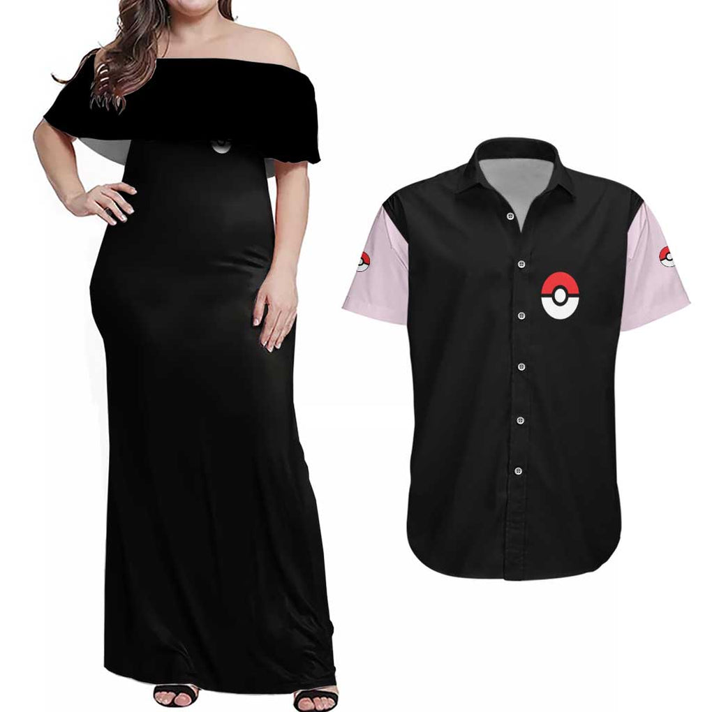 Kyurem Poke Couples Matching Off Shoulder Maxi Dress and Hawaiian Shirt Japan Anime Style