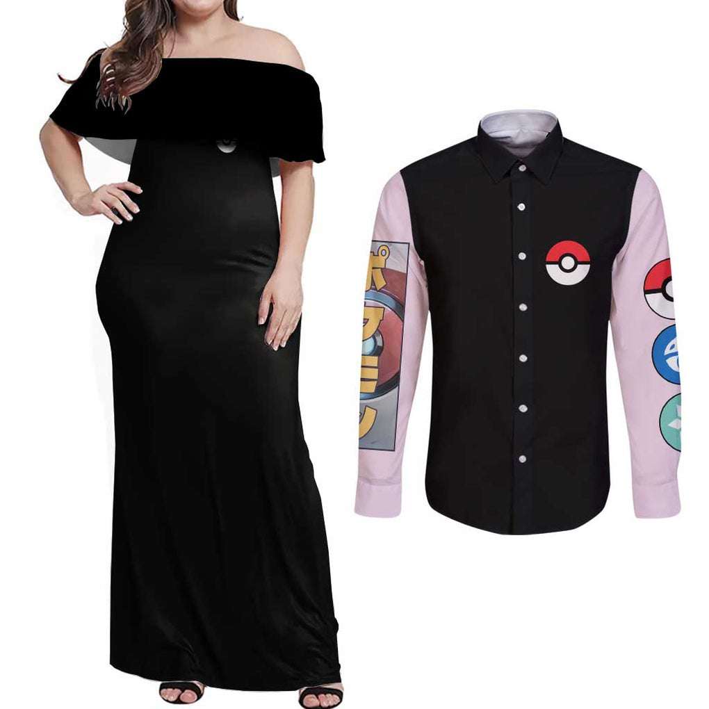 Kyurem Poke Couples Matching Off Shoulder Maxi Dress and Long Sleeve Button Shirt Japan Anime Style