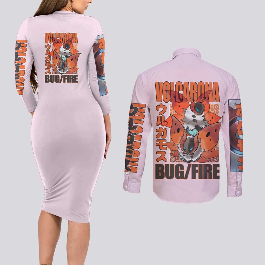 Volcarona Poke Couples Matching Long Sleeve Bodycon Dress and Long Sleeve Button Shirt Japan Anime Style