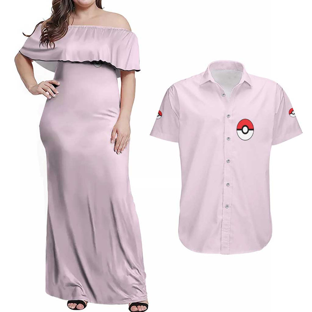 Volcarona Poke Couples Matching Off Shoulder Maxi Dress and Hawaiian Shirt Japan Anime Style