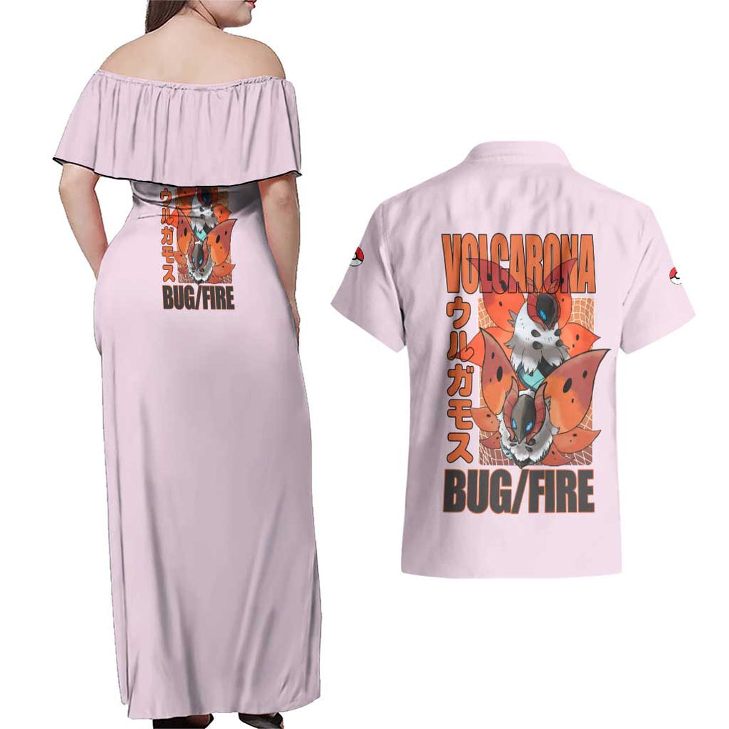 Volcarona Poke Couples Matching Off Shoulder Maxi Dress and Hawaiian Shirt Japan Anime Style