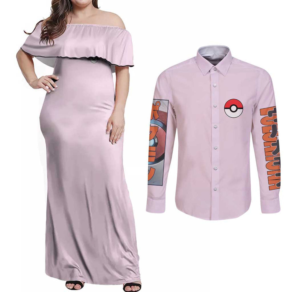 Volcarona Poke Couples Matching Off Shoulder Maxi Dress and Long Sleeve Button Shirt Japan Anime Style