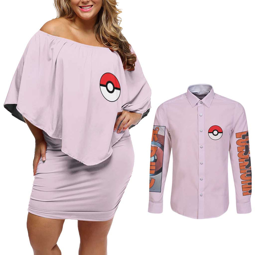 Volcarona Poke Couples Matching Off Shoulder Short Dress and Long Sleeve Button Shirt Japan Anime Style