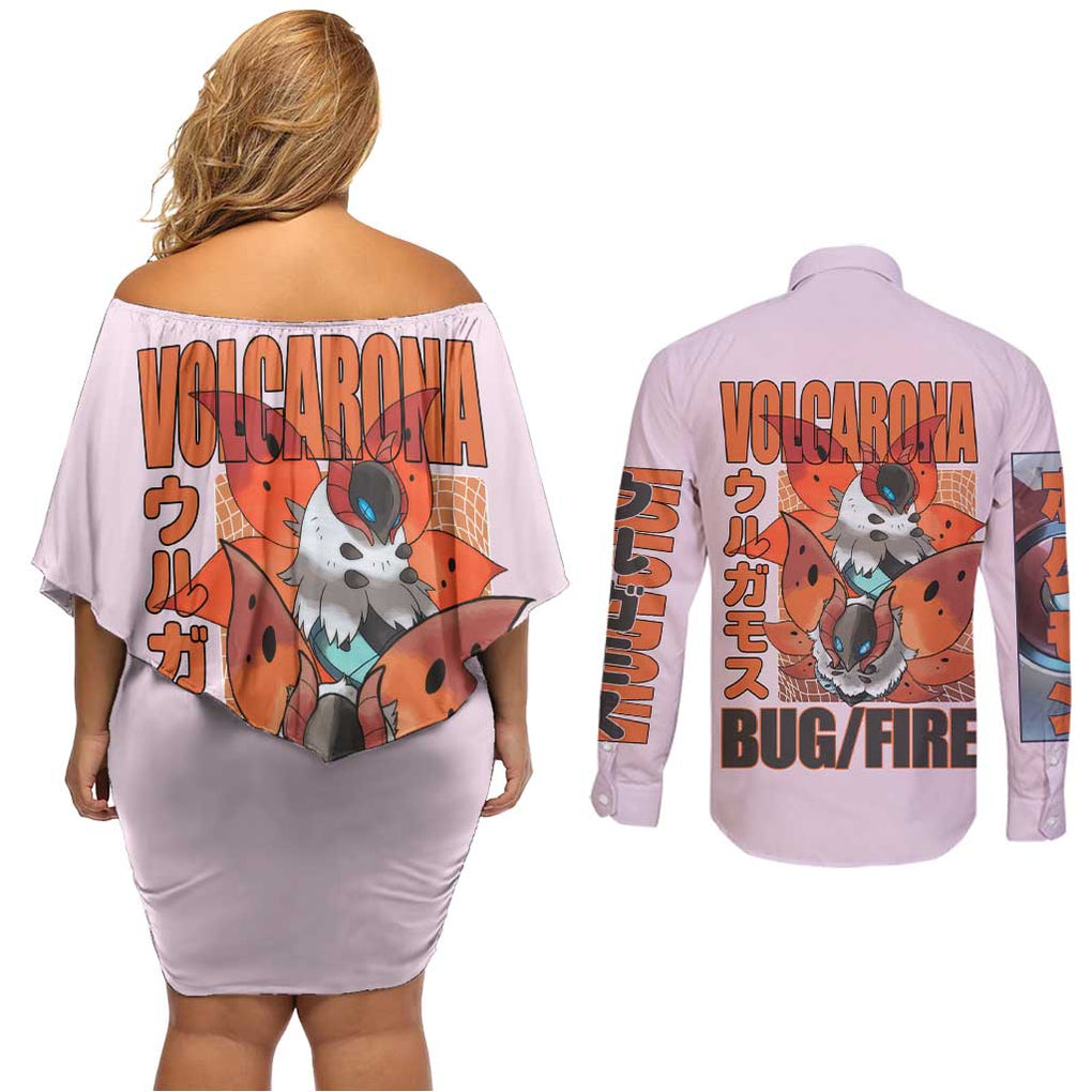 Volcarona Poke Couples Matching Off Shoulder Short Dress and Long Sleeve Button Shirt Japan Anime Style