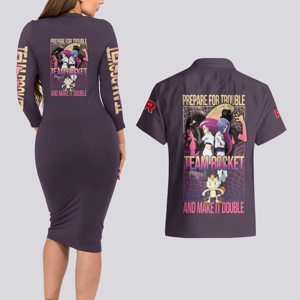 Team Rocket Poke Couples Matching Long Sleeve Bodycon Dress and Hawaiian Shirt Japan Anime Style