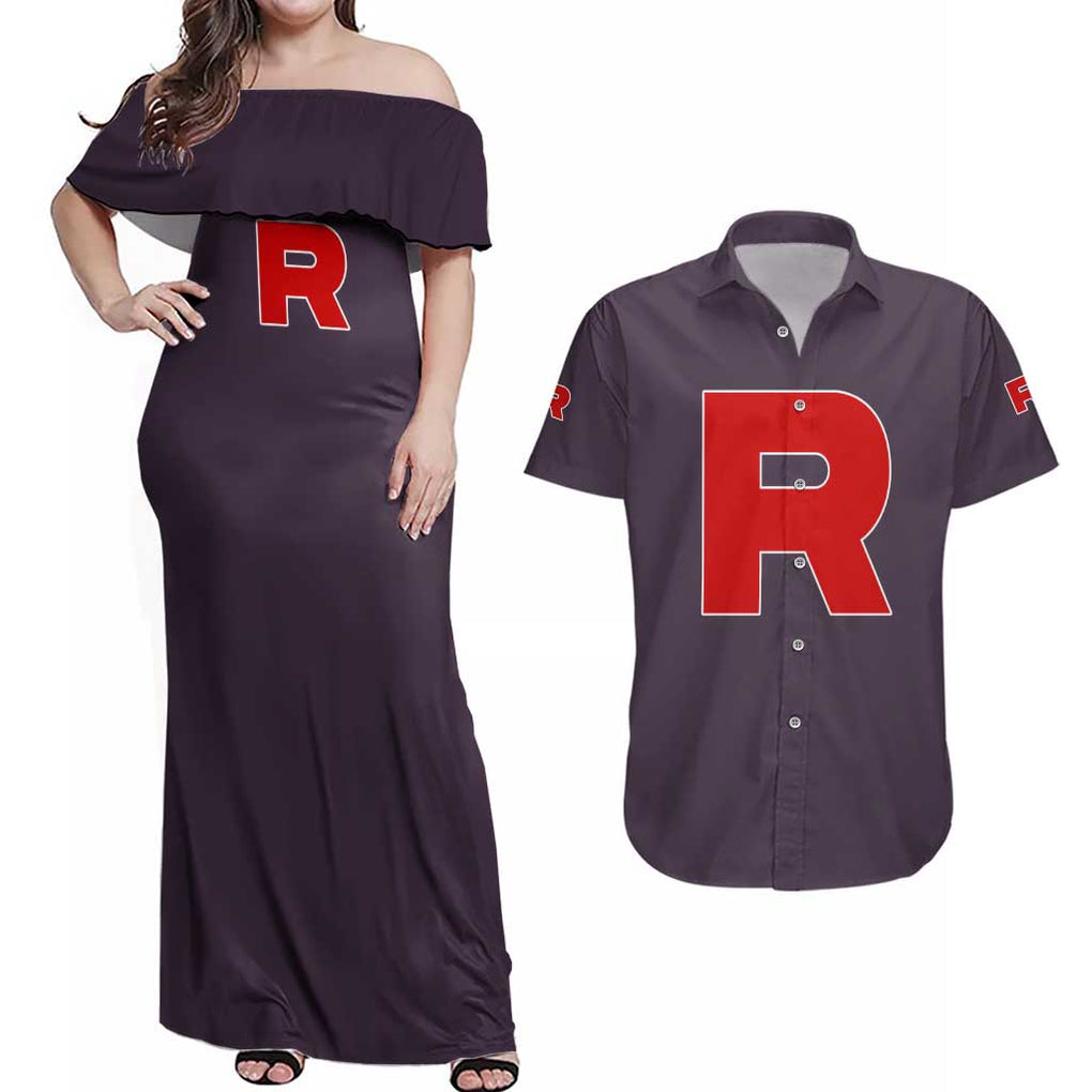 Team Rocket Poke Couples Matching Off Shoulder Maxi Dress and Hawaiian Shirt Japan Anime Style