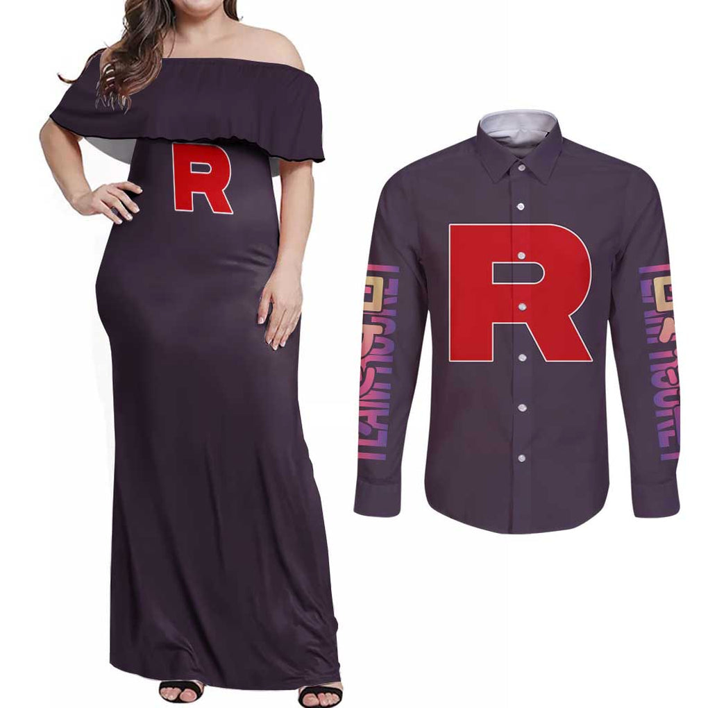 Team Rocket Poke Couples Matching Off Shoulder Maxi Dress and Long Sleeve Button Shirt Japan Anime Style