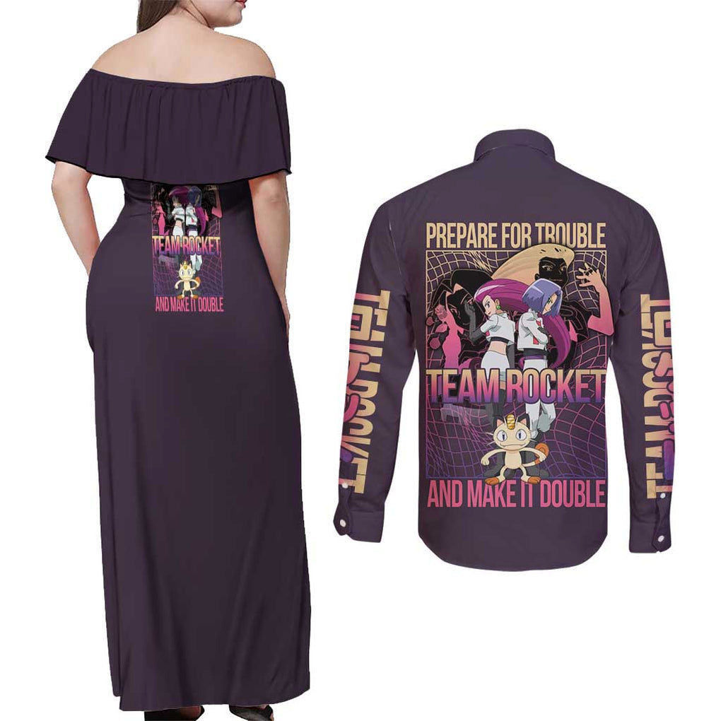Team Rocket Poke Couples Matching Off Shoulder Maxi Dress and Long Sleeve Button Shirt Japan Anime Style