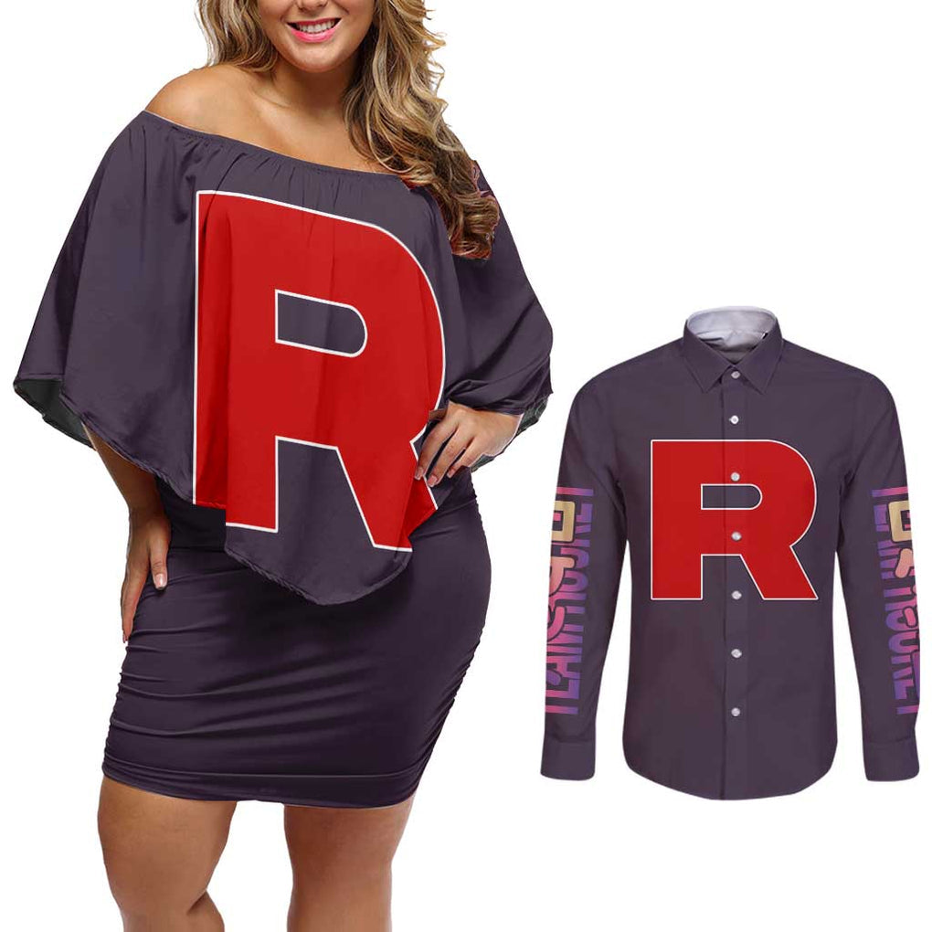 Team Rocket Poke Couples Matching Off Shoulder Short Dress and Long Sleeve Button Shirt Japan Anime Style