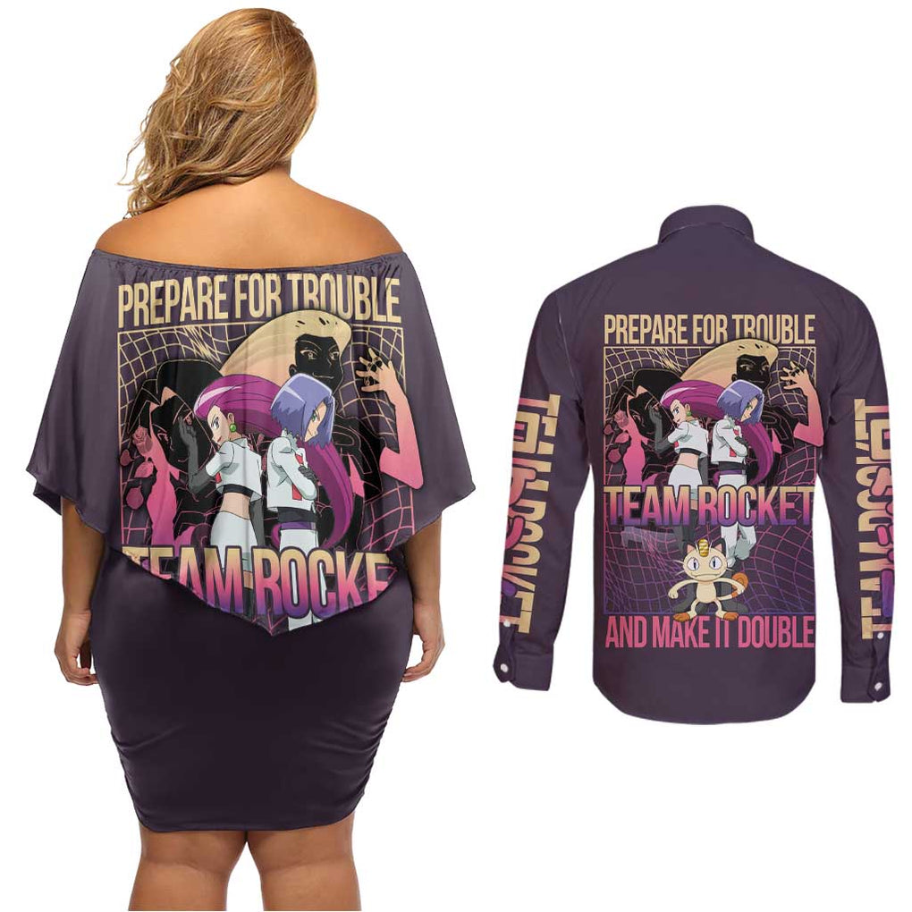 Team Rocket Poke Couples Matching Off Shoulder Short Dress and Long Sleeve Button Shirt Japan Anime Style