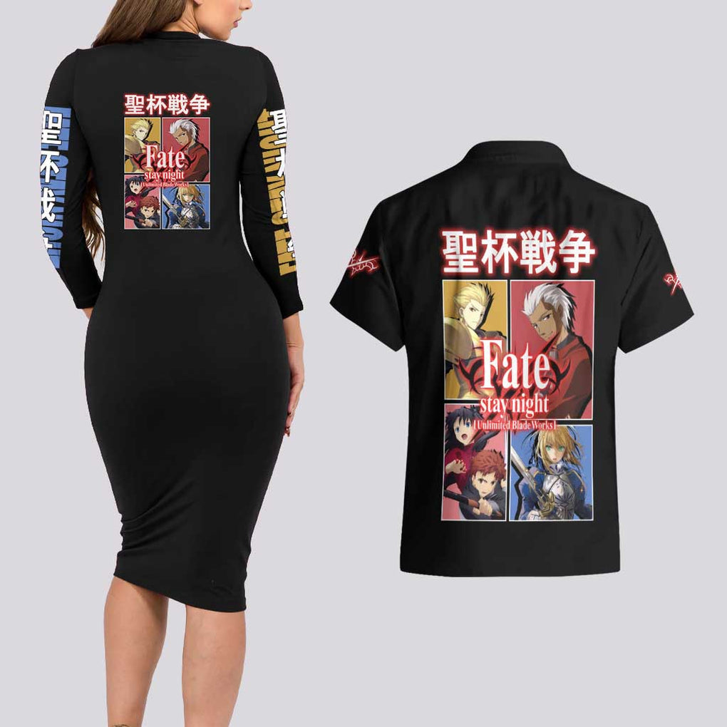 Fate Stay Night Unlimited Blade Works Couples Matching Long Sleeve Bodycon Dress and Hawaiian Shirt Japan Anime Style