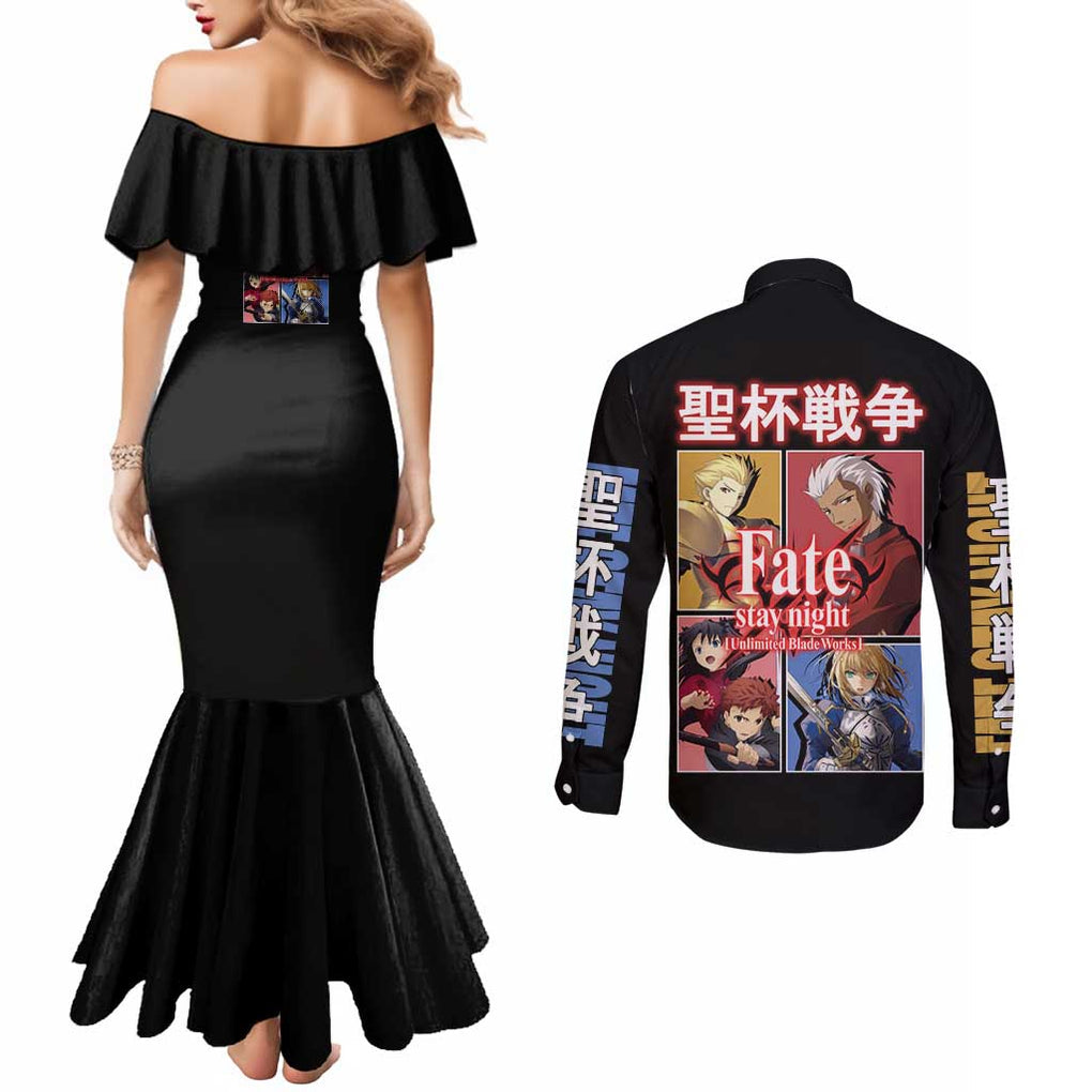 Fate Stay Night Unlimited Blade Works Couples Matching Mermaid Dress and Long Sleeve Button Shirt Japan Anime Style