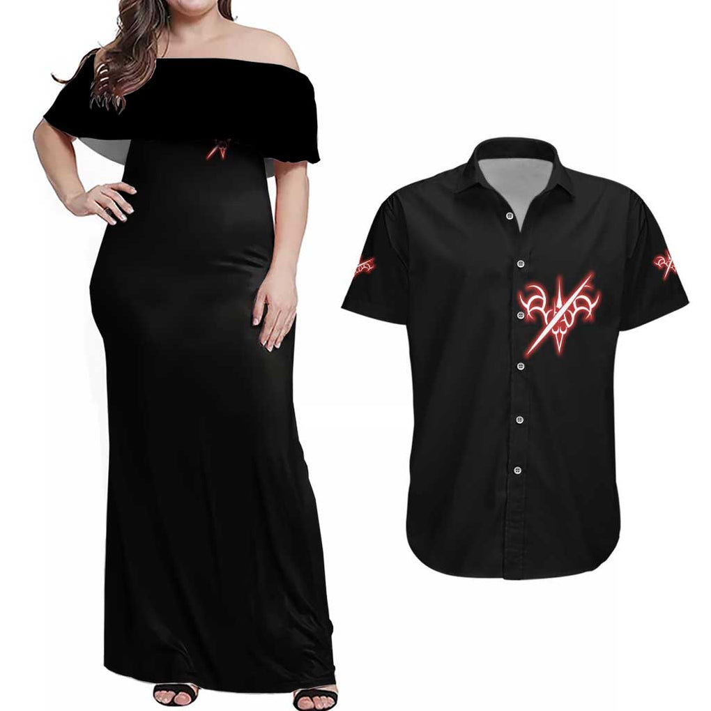 Fate Stay Night Unlimited Blade Works Couples Matching Off Shoulder Maxi Dress and Hawaiian Shirt Japan Anime Style