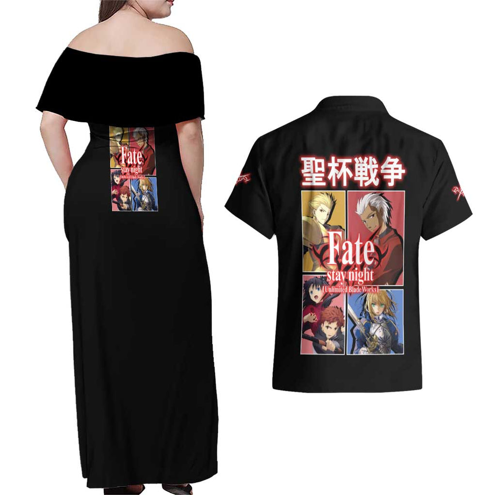 Fate Stay Night Unlimited Blade Works Couples Matching Off Shoulder Maxi Dress and Hawaiian Shirt Japan Anime Style