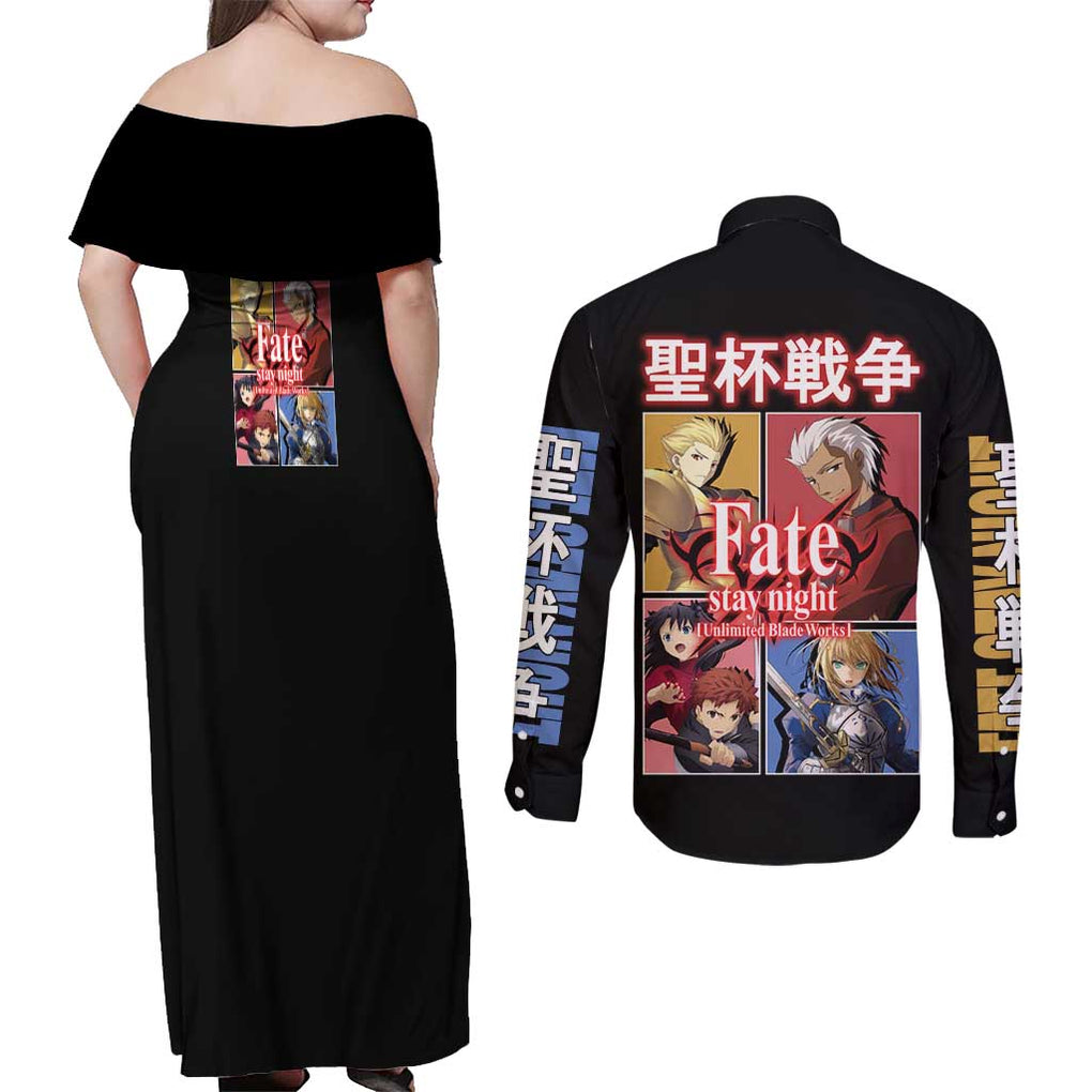 Fate Stay Night Unlimited Blade Works Couples Matching Off Shoulder Maxi Dress and Long Sleeve Button Shirt Japan Anime Style