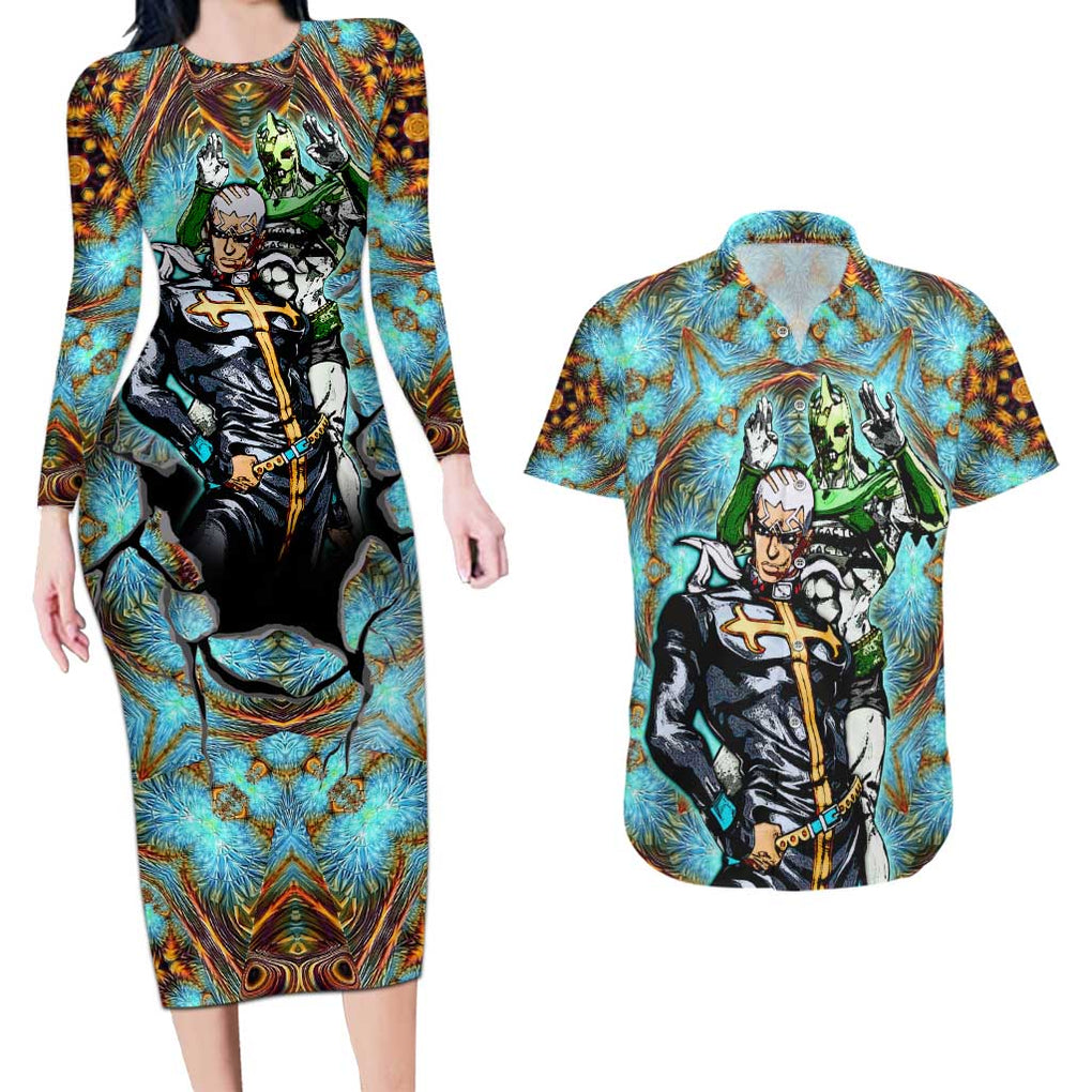 Trippy Enrico Pucci C-Moon Jojo’s Bizarre Adventure Couples Matching Long Sleeve Bodycon Dress and Hawaiian Shirt Trippy Style