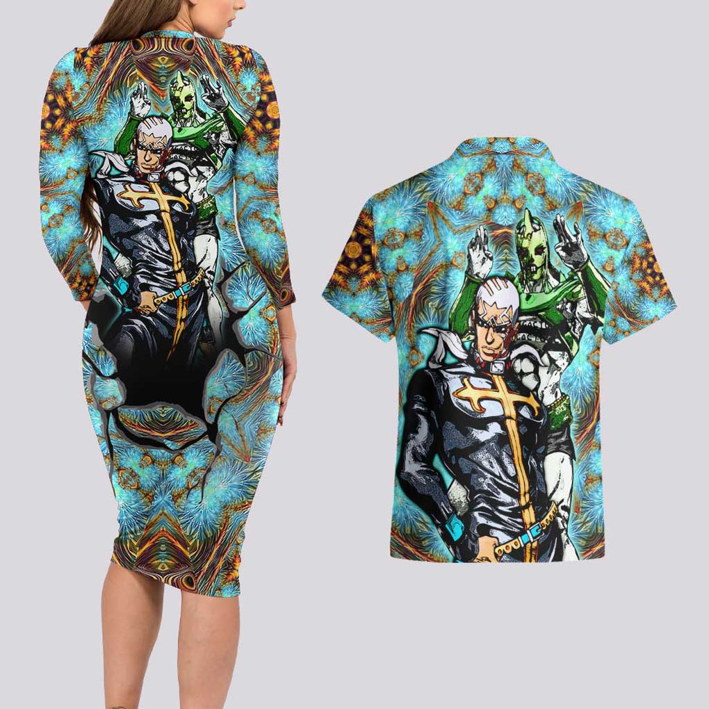 Trippy Enrico Pucci C-Moon Jojo’s Bizarre Adventure Couples Matching Long Sleeve Bodycon Dress and Hawaiian Shirt Trippy Style