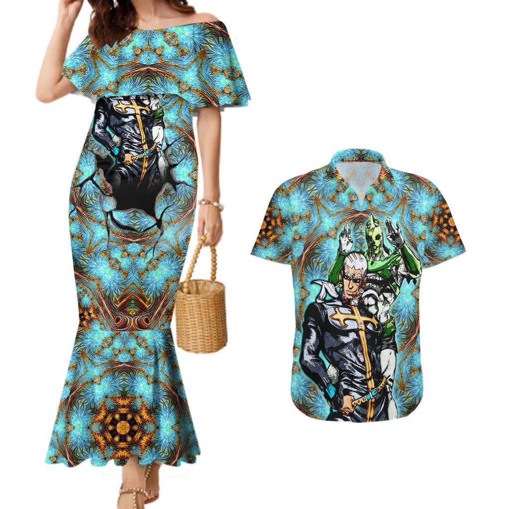 Trippy Enrico Pucci C-Moon Jojo’s Bizarre Adventure Couples Matching Mermaid Dress and Hawaiian Shirt Trippy Style