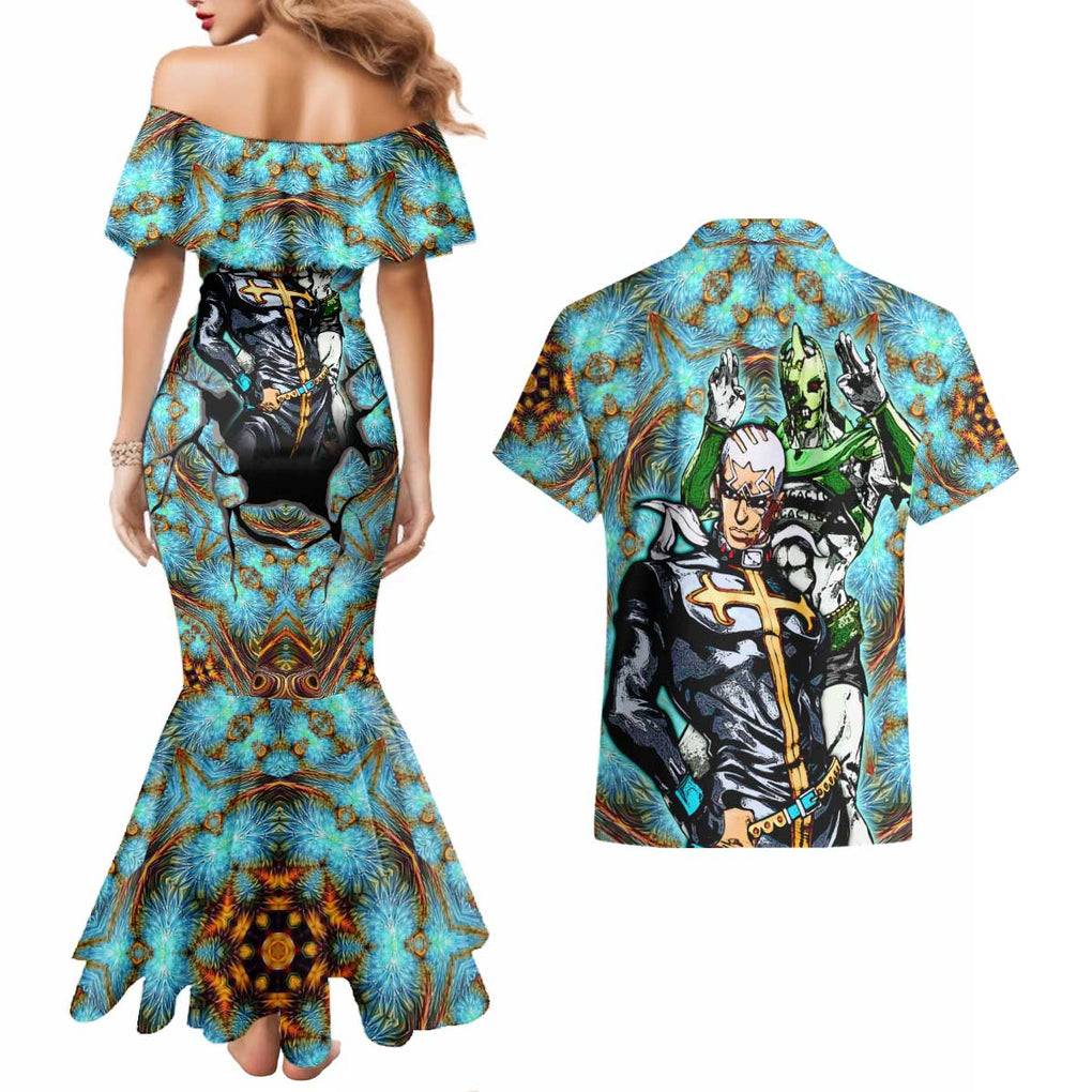Trippy Enrico Pucci C-Moon Jojo’s Bizarre Adventure Couples Matching Mermaid Dress and Hawaiian Shirt Trippy Style