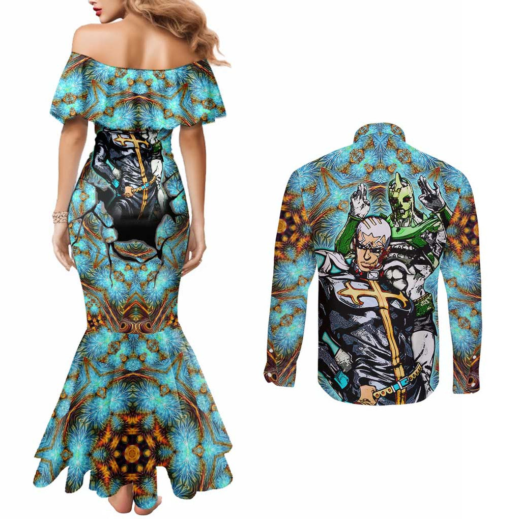 Trippy Enrico Pucci C-Moon Jojo’s Bizarre Adventure Couples Matching Mermaid Dress and Long Sleeve Button Shirt Trippy Style