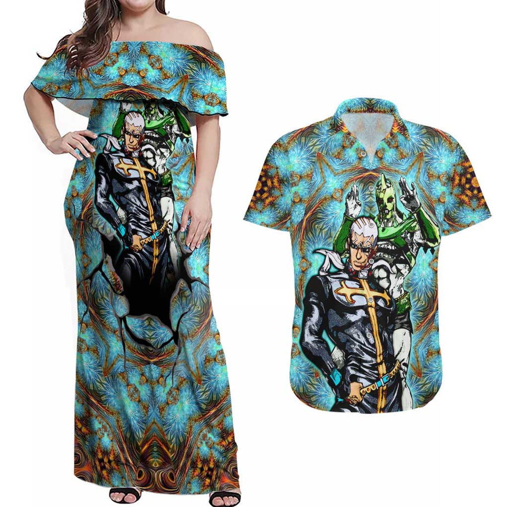 Trippy Enrico Pucci C-Moon Jojo’s Bizarre Adventure Couples Matching Off Shoulder Maxi Dress and Hawaiian Shirt Trippy Style