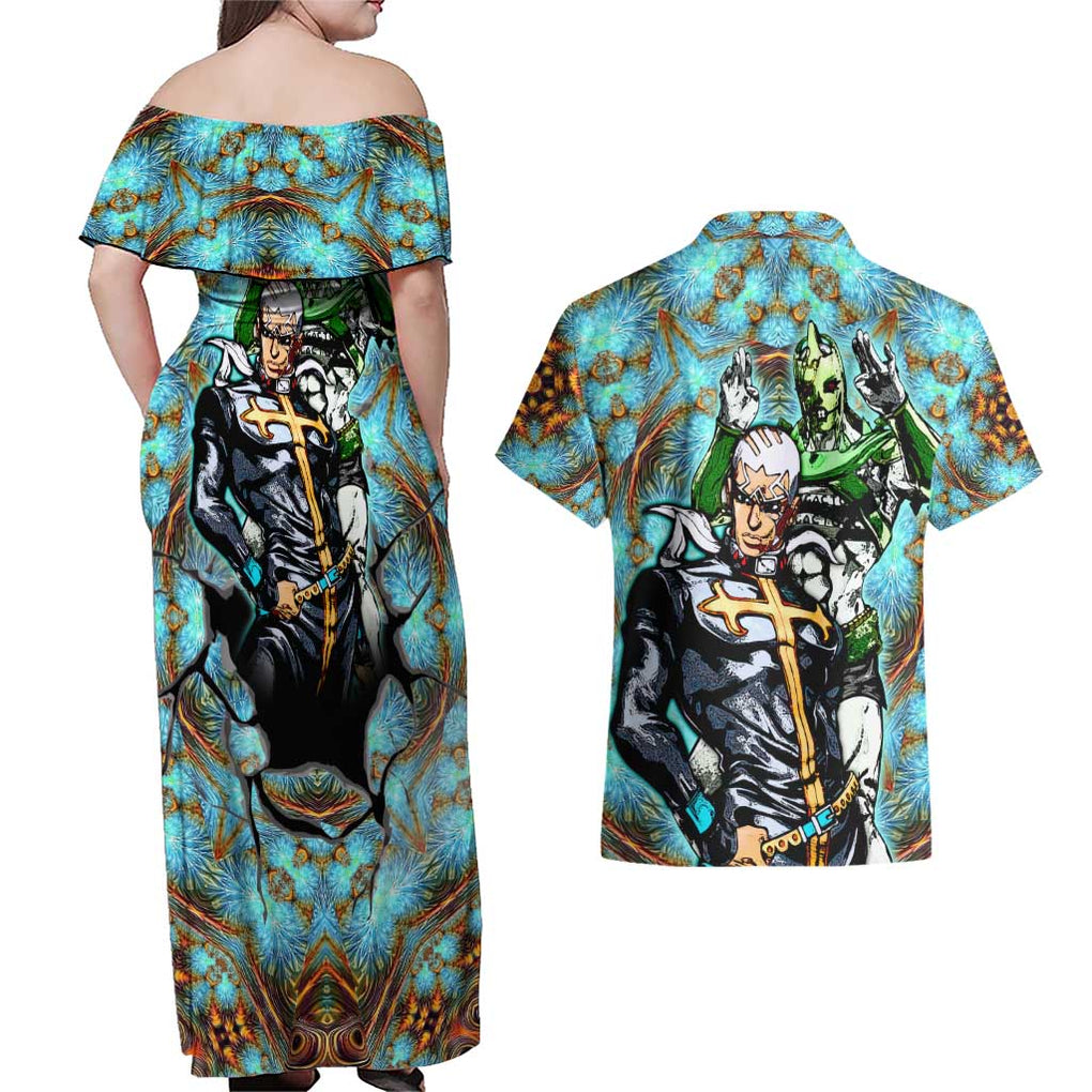 Trippy Enrico Pucci C-Moon Jojo’s Bizarre Adventure Couples Matching Off Shoulder Maxi Dress and Hawaiian Shirt Trippy Style