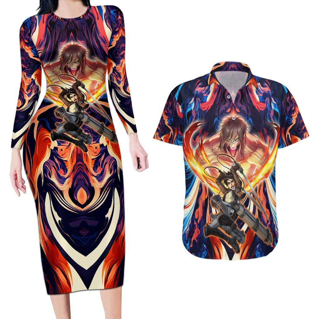 Trippy Eren Yeager Attack on Titan Couples Matching Long Sleeve Bodycon Dress and Hawaiian Shirt Trippy Style
