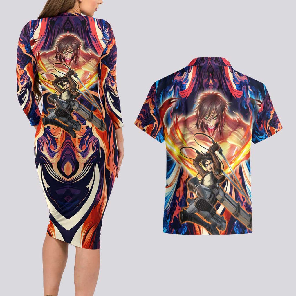 Trippy Eren Yeager Attack on Titan Couples Matching Long Sleeve Bodycon Dress and Hawaiian Shirt Trippy Style