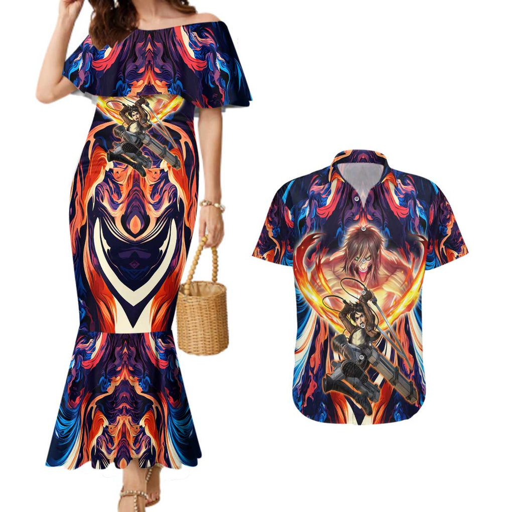 Trippy Eren Yeager Attack on Titan Couples Matching Mermaid Dress and Hawaiian Shirt Trippy Style