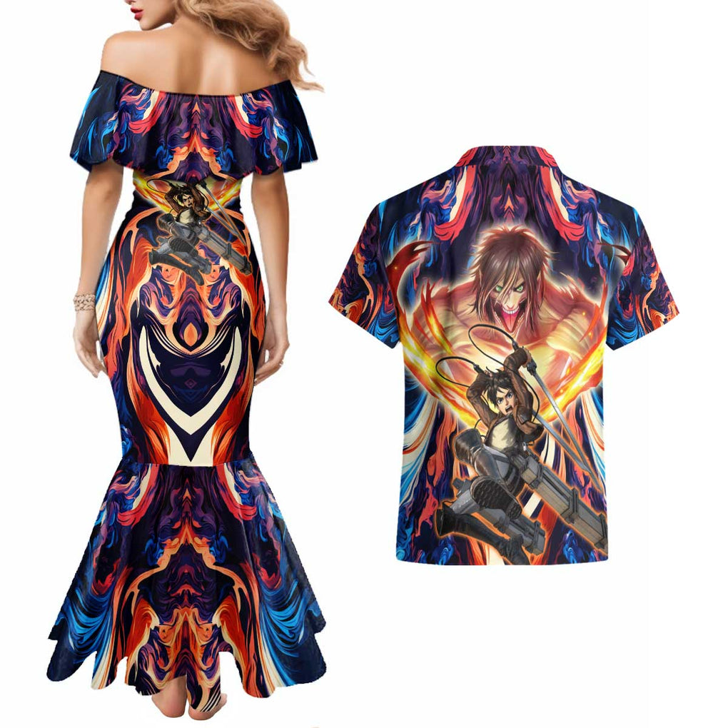 Trippy Eren Yeager Attack on Titan Couples Matching Mermaid Dress and Hawaiian Shirt Trippy Style